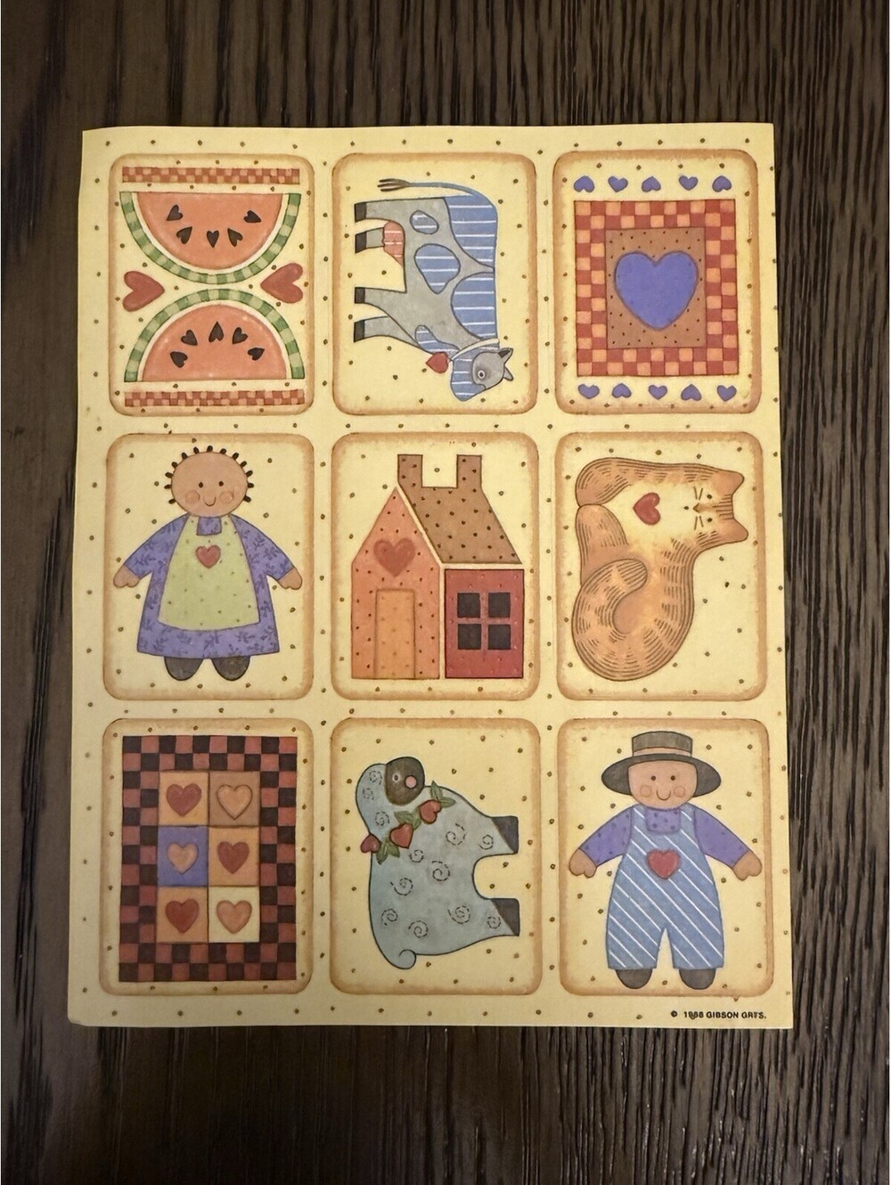 VTG 1988 Gibson Greetings Primitive Country Folk Art Sticker Sheet Amish Cow